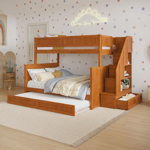 AFI, Dover Twin Over Full Staircase Bunk Bed with Storage Drawer and Twin Trundle, Light Toffee