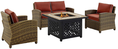 Bradenton 4Pc Wicker Outdoor Loveseat Set W/ Fire Table Weathered Brown/Sangria - Loveseat, Tucson Fire Table, & 2 Arm Chairs
