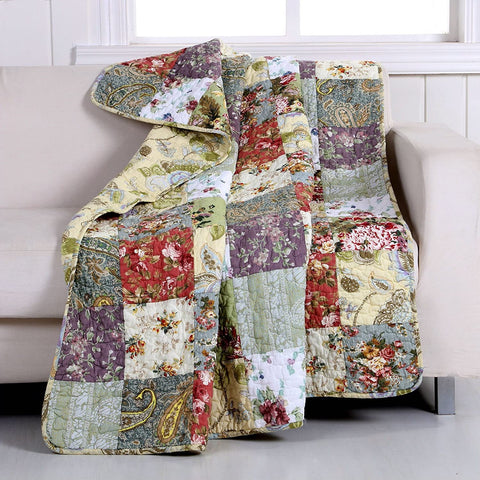 Fast Furnishings Red Green Blue Purple Yellow White 100-Percent Cotton Floral Patchwork Quilt Throw Blanket