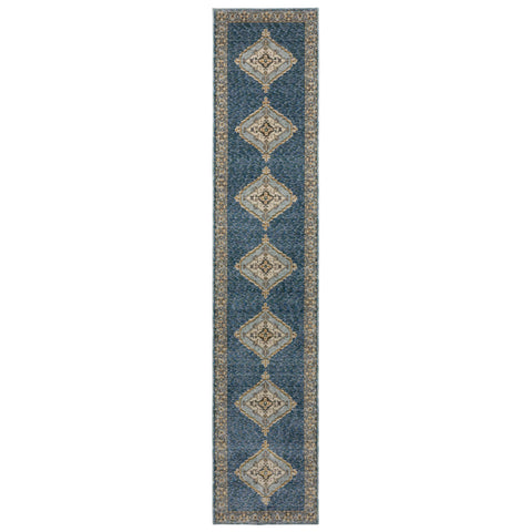 Oriental Weavers Andorra Area Rug - 2430A - 2'6" x 12' - in Blue/Gold - Vintage Bohemian Style, Stain Resistant, Family and Pet Friendly, Entryway, Hallway Runner Rug