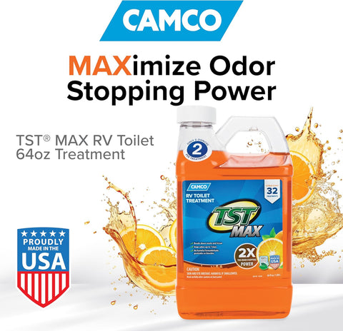 Camco TST MAX Camper/RV Toilet Treatment - Features Septic Safe Formula & Stops Odors Up to 7 Days – Orange Scent, 64 oz (41195)
