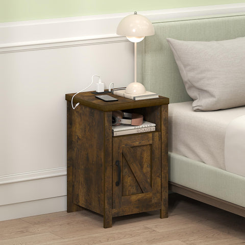 Furinno Farmhouse Nightstand with Charging Station, Bedside Table, Side Table, End Table with Door, USB Ports and Outlets, for Bedroom, Closet, Dorm, Amber Pine