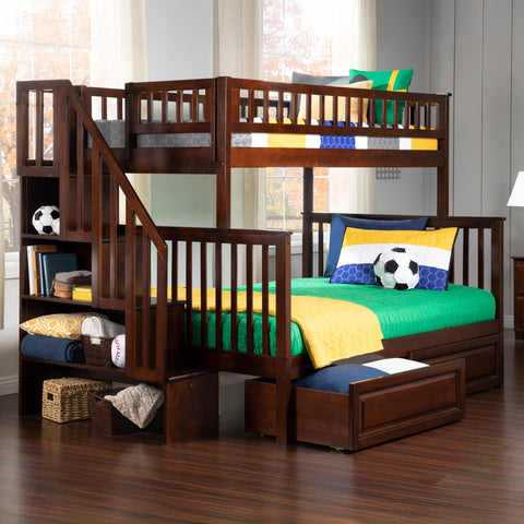 Woodland Staircase Bunk Bed Twin over Full with 2 Raised Panel Bed Drawers in Walnut