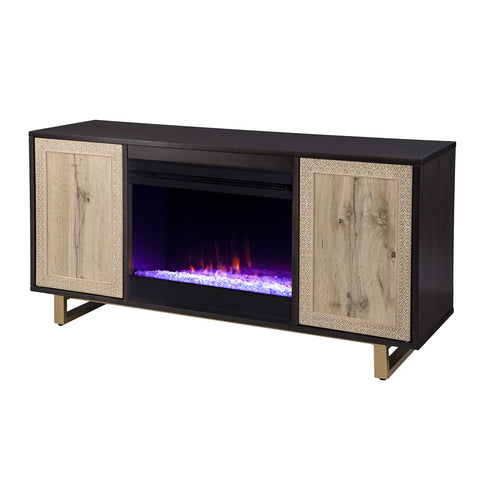SEI Furniture Wilconia Electric Fireplace TV Stand with Storage for TVs up to 52 Inches, Color Changing LED Flame, Brown
