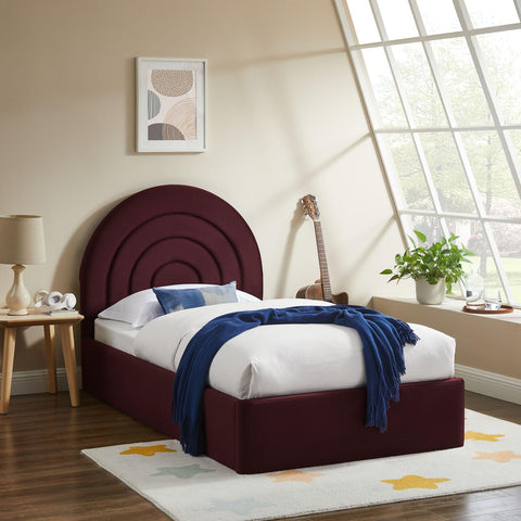 Modway Solana Twin Size Performance Velvet Platform Bed in Mulberry – Upholstered Bed Frame with Soft Arch Shaped Padded Headboard – Plinth Base Platform Bed Frame