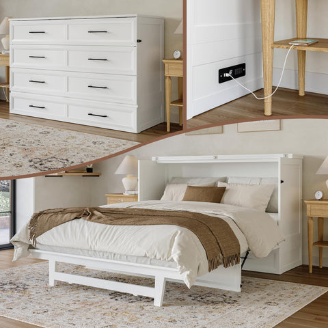 AFI, Tucson Queen Wood Murphy Bed Chest with 6" Mattress, Storage Drawer & Built-in USB Charger, White