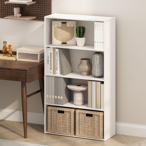 Furinno Simple Book Shelf, 4-Tier Bookshelf, Bookcase with Open Shelf, 9.4 x 23.6 x 41.7, for Living Room, Bedroom, Home Office, White