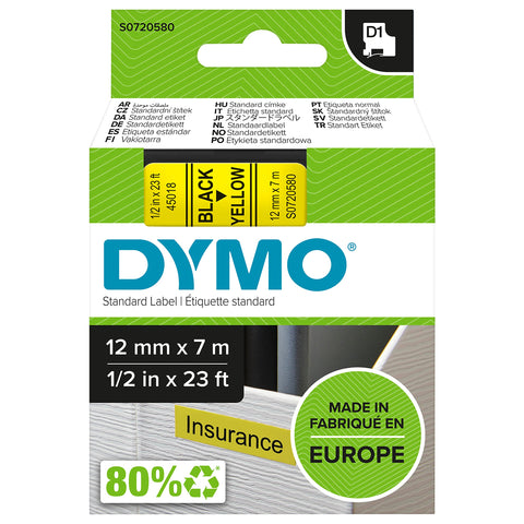 DYMO Authentic D1 Labels Black Print on Yellow Tape 12 mm x 7 m Self-Adhesive Labels for LabelManager Label Makers Made in Europe