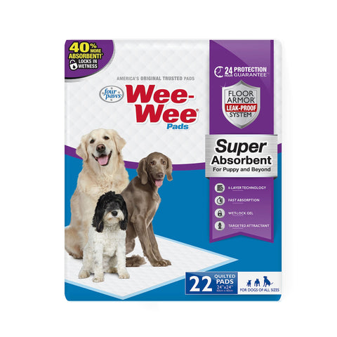 Four Paws Wee-Wee Super Absorbent Unscented Pee Pads for Dogs & Puppies with Insta-Rise Border, Leak-Proof Dog Housebreaking Potty Training Floor Protection, 24" x 24", 22 Count