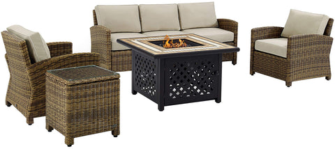 Bradenton 5Pc Wicker Outdoor Sofa Set W/ Fire Table Weathered Brown/Sand - Sofa, Side Table, Tucson Fire Table, & 2 Armchairs