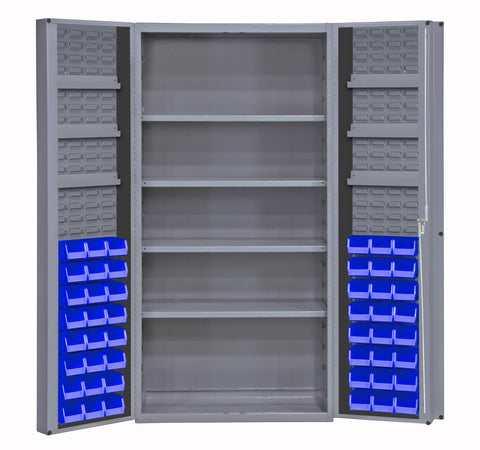 Heavy Duty Cabinet 14 Gauge 36 x 24 x 72 4 Adjustable Shelves 48 Blue Bins 4 Inch Deep Box Doors with Louvered Panel 6 Door Shelves Lockable Chrome Handle with Keys Gray