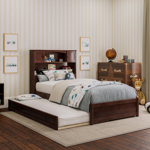 AFI, Hadley Twin Platform Bed with Panel Footboard and Twin Trundle, Walnut