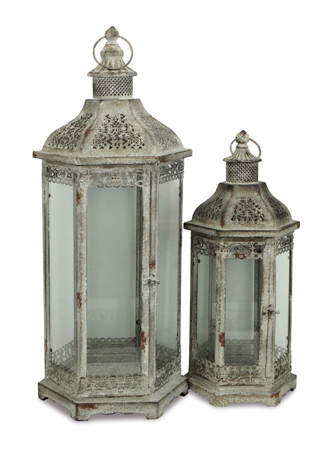 Jasper Set of 2 Brown Hexagon Metal Lanterns