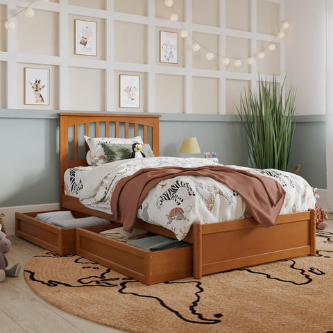 AFI, Everett Twin Platform Bed with Panel Footboard & Storage Drawers, Light Toffee