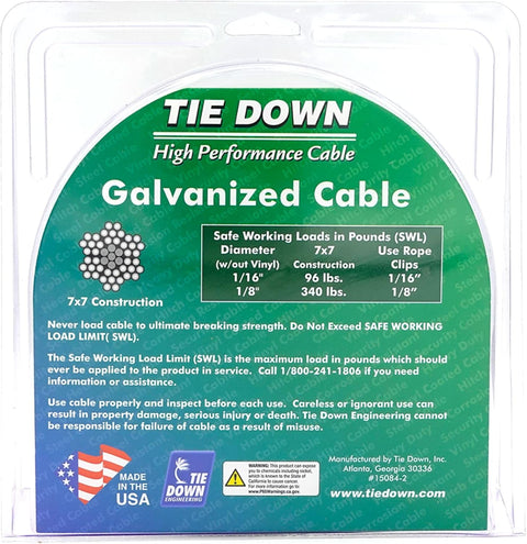 Tie Down 1/8" x 50 ft Galvanized Steel Aircraft Cable – 7x7 Wire Rope with Swagged Loop & Thimble | 1,700 lb Break Strength | Ideal for Hanging, Hoisting, Light Rigging & DIY Projects