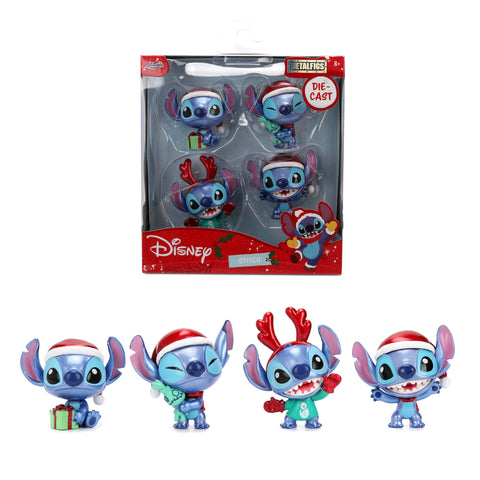 Jada Stitch Holiday Metalfigs 4-Pack – 2.5" Collectible Diecast Figures Toys – Festive Stitch Variants with Gift, Plush, Reindeer, and Santa Hat – Disney Collectors Set for Kids & Fans Ages 3+