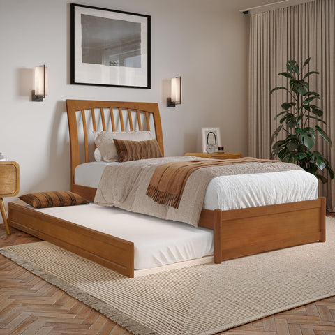 AFI, Roslyn Twin XL Platform Bed with Panel Footboard & Twin XL Trundle, Light Toffee