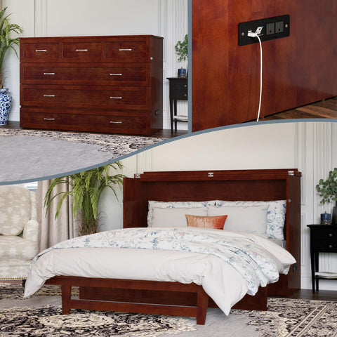 AFI, Northfield Murphy Bed Chest Queen with 6" Mattress, Storage Drawer & Built-in USB Charger, Walnut