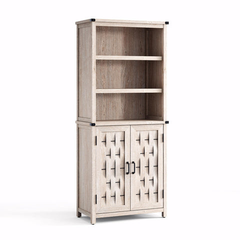 Caffoz Farmhouse 6-Tier Bookcase, 72.3" Tall Storage Cabinet with Door & Adjustable Shelves, Free Standing Display Bookcase for Home Office, Living Room,Light Gray
