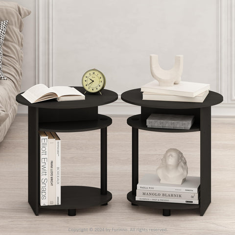 Furinno TIDUR Night Stand Set of 2, 3-Tier Oval Nightstand with Round Edge Tabletop, Open Shelf Bedside Table, End Table, Side Table, for Bedroom, Closet, Dorm, Walnut