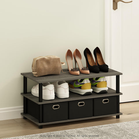 Furinno Turn-N-Tube Multipurpose Compact Open Storage Shoe Rack Shoe Shelf Organizer with Bin Drawers French Oak/Black/Black