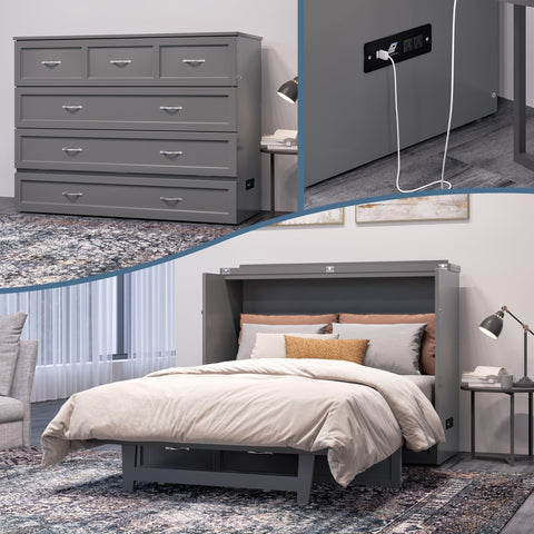 AFI, Northfield Murphy Bed Chest Full with 6" Mattress, Storage Drawer & Built-in USB Charger, Grey