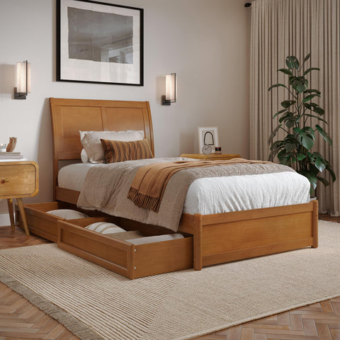 AFI, Andorra Twin XL Platform Bed with Panel Footboard & Storage Drawers, Light Toffee