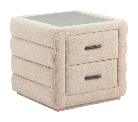 Soffice Nightstand Beige, Beige End Table, Modern Style, Tempered Glass Rectangular Shape Tabletop, MDF, Indoor Bedroom, 18.7" W x 18.9" D x 17.3" H