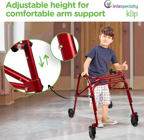 Klip- Lightweight Posterior Rollator Walker/Gait Trainer 4 Wheel - Lightweight Posterior Walker for Toddlers, Kids, Teens with Special Needs (Small, Red)