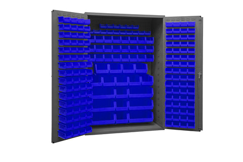 Durham 2502-186-5295 Lockable Bin Cabinet with 186 Blue Hook-On Bins, Flush Door Style, 48" Wide, 16 Gauge, Gray