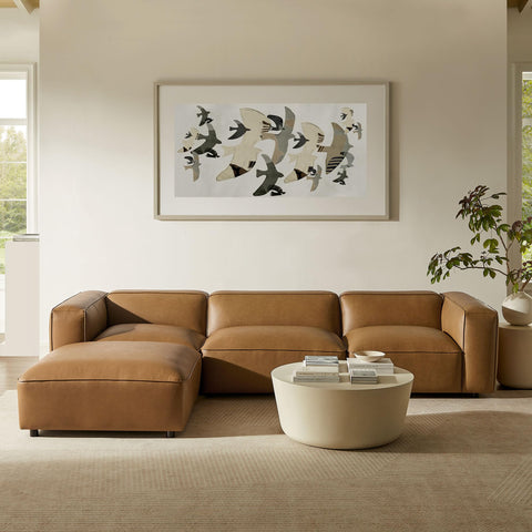 Modway Auren Vegan Leather 4 Piece Modular Sofa in Camel - Faux Leather 3 Seater Sectional - Comfy Modern PU Leather Sofa with Ottoman - Oversized Mid Century Modern Couch for Living Room