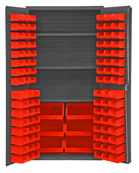 Durham 2501-BDLP-102-3S-1795 Lockable Cabinet with 102 Red Hook-On Bins, 3 Adjustable Shelves, Flush Door Style, 36" Wide, 16 Gauge, Gray