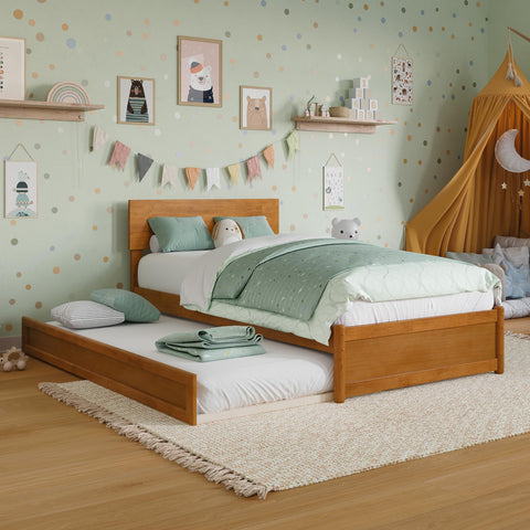 AFI, Wesley Twin Platform Bed with Panel Footboard & Twin Trundle, Light Toffee