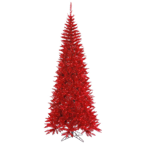 Vickerman 9' Tinsel Red Fir Slim Artificial Christmas Tree, Unlit - Faux Red Christmas Tree - Seasonal Indoor Home Decor