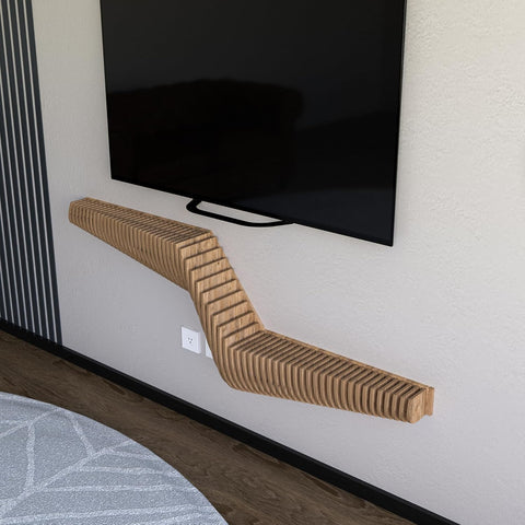 Parametric 57 inch Floating Shelf TV Unit Modern Geometric Wooden Wall Piece Decor Natural Oak Color 3D Wavy Living and Gaming Room Shelf