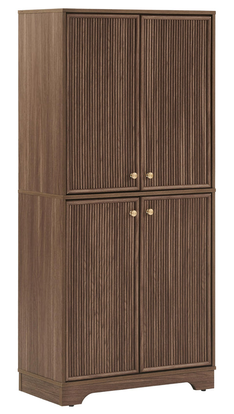 Crosley Furniture Naomi Modern Reeded Kitchen Pantry Storage Cabinet, Dining, Laundry Room, Bathroom, Walnut