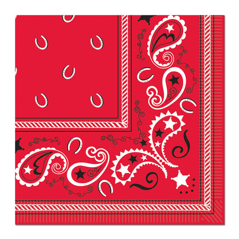 Beistle Bandana Beverage Napkins (2-Ply) (16/Pkg), Red, White, Black, 5"