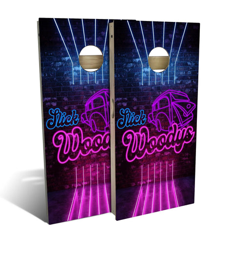 Skip's Garage Woody Car Neon Cornhole Set - Premium 2x4 (Corn Bags) - Include Case + Hole Lights