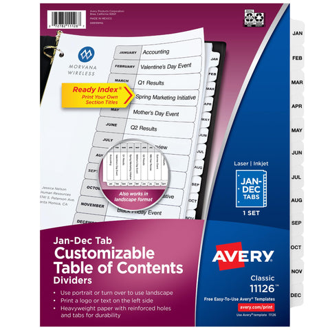 Avery® Jan-Dec Dividers for 3 Ring Binders, 12 Tabs per Set, Customizable Table of Contents, Classic White Tabs, Great for Organizing Reports, Projects, and More (11126)