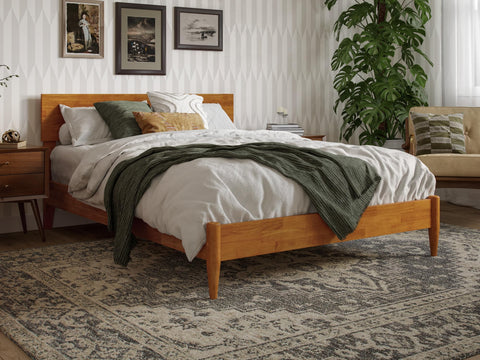 Aria Full Solid Wood Modern Low Profile Platform Bed in Light Toffee