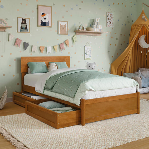 AFI, Wesley Twin Platform Bed with Panel Footboard and Storage Drawers, Light Toffee