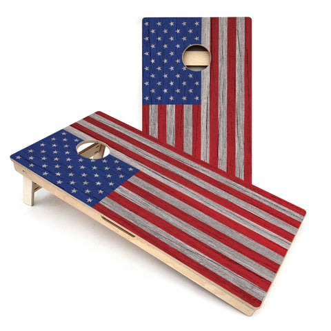Skip's Garage Grey Wood USA Flag Cornhole Boards - Includes (2) Boards (NO Bags) + (1) Case & (2) Hole Lights