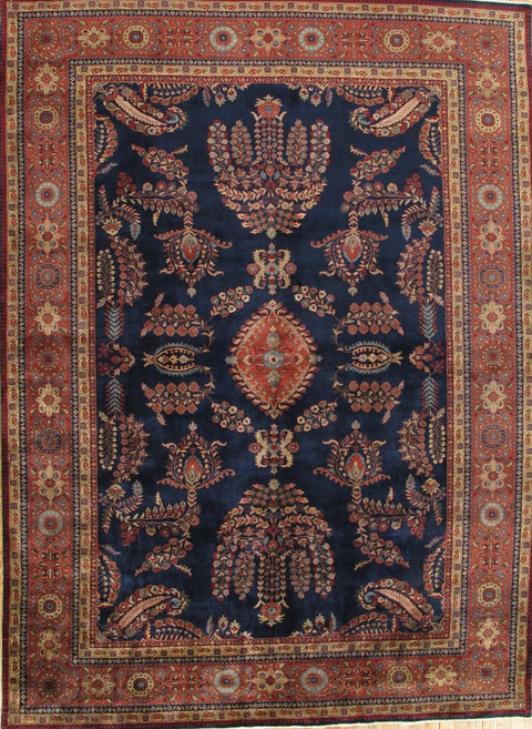 Pasargad Home Azerbaijan Collection Lamb's Wool Area Rug- Hand-Knotted Construction, Patterned Rugs for Living Room, Bedroom, Home Dining, 8' 5" X 11' 8", Navy/Rust