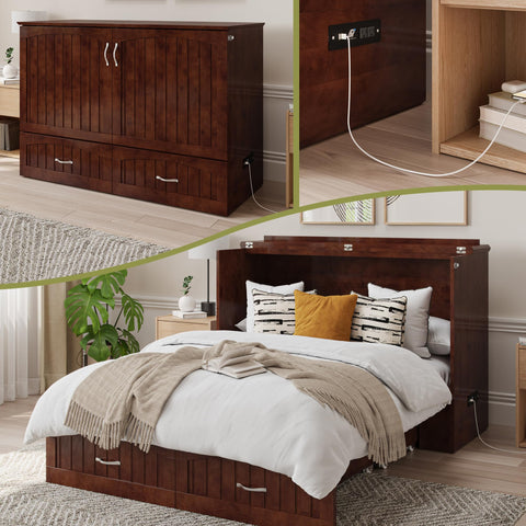 AFI, Southampton Murphy Bed Chest Full with 6" Mattress, Built-in USB Charger & Storage Drawer, Walnut