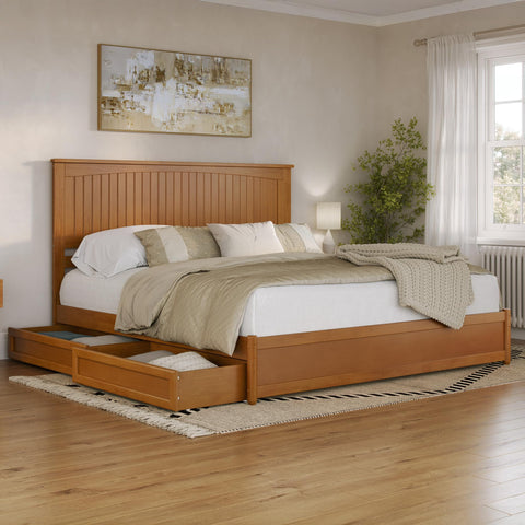 AFI, Malta King Platform Bed with Panel Footboard and Storage Drawers, Light Toffee