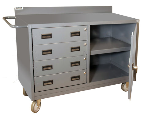 Mobile Bench Cabinet With 5 Inch X 1-1/4 Inch Polyurethane Casters (2) Rigid And (2) Swivel 1 Shelf 1 Side Door And 4 Drawers Lockable With Tubular Push Handle Gray