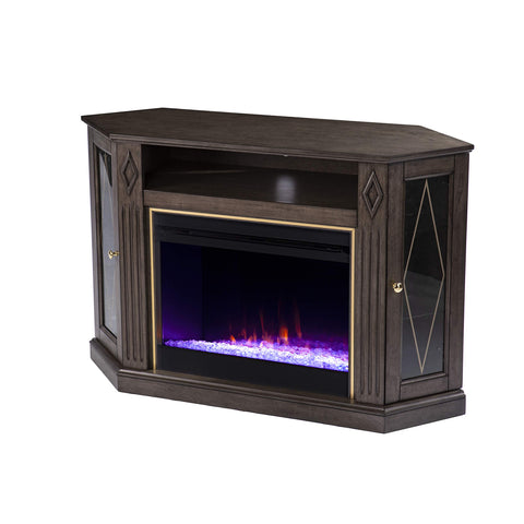 SEI Furniture Austindale Electric Fireplace Corner TV Stand for TVs up to 45 Inches, Color Changing LED Flame, Brown