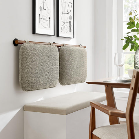 Modway Anela Chenille Upholstered Wall-Mounted Headboard Queen Size in Oatmeal Walnut – Floating Padded Headboard with Wood Bar and Two Cushions for Queen Bed – Hanging Back Cushions for Bench