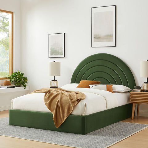 Modway Solana Queen Size Performance Velvet Platform Bed in Moss Green – Upholstered Bed Frame with Soft Arch Shaped Padded Headboard - Plinth Base Platform Bed Frame