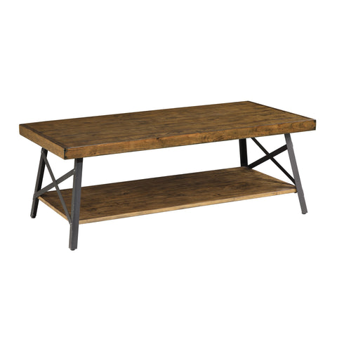 Emerald Home Furnishings Chandler Rustic Industrial Solid Wood and Steel Coffee Table with Open Shelf, Pine Brown,48"